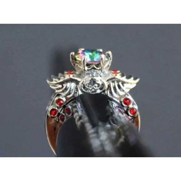 Vintage Art Nouveau Gaudy Gothic Skull Wings Cocktail Gemstone Ring Sz 8 - Picture 4 of 4